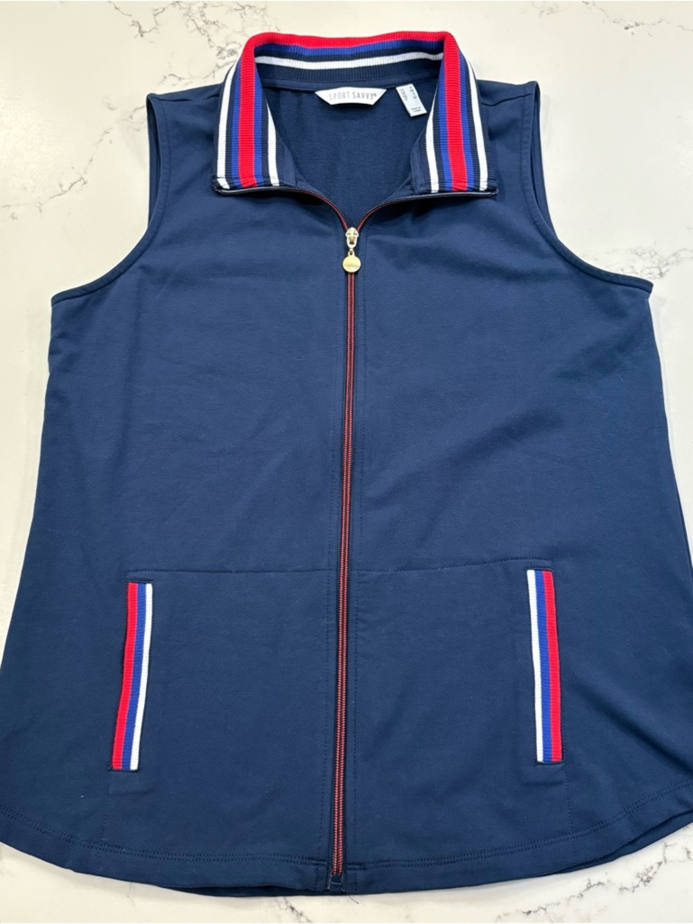 QVC Sport Savvy Navy Red White Blue Zip Up Sleeveless Top 4th of July Golf